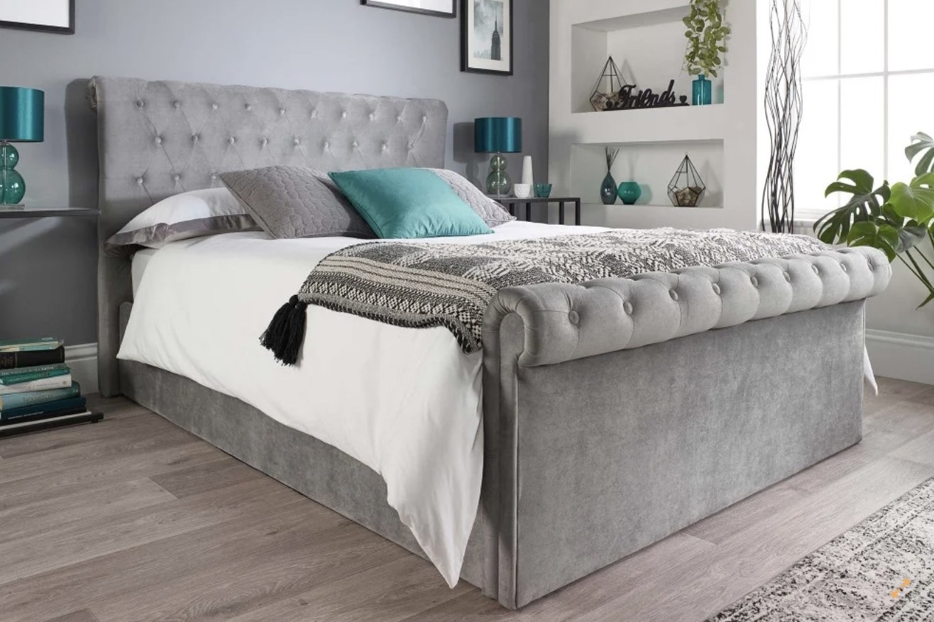 Grey Velvet Scroll Top Chesterfield Ottoman Storage Bed 3ft Single